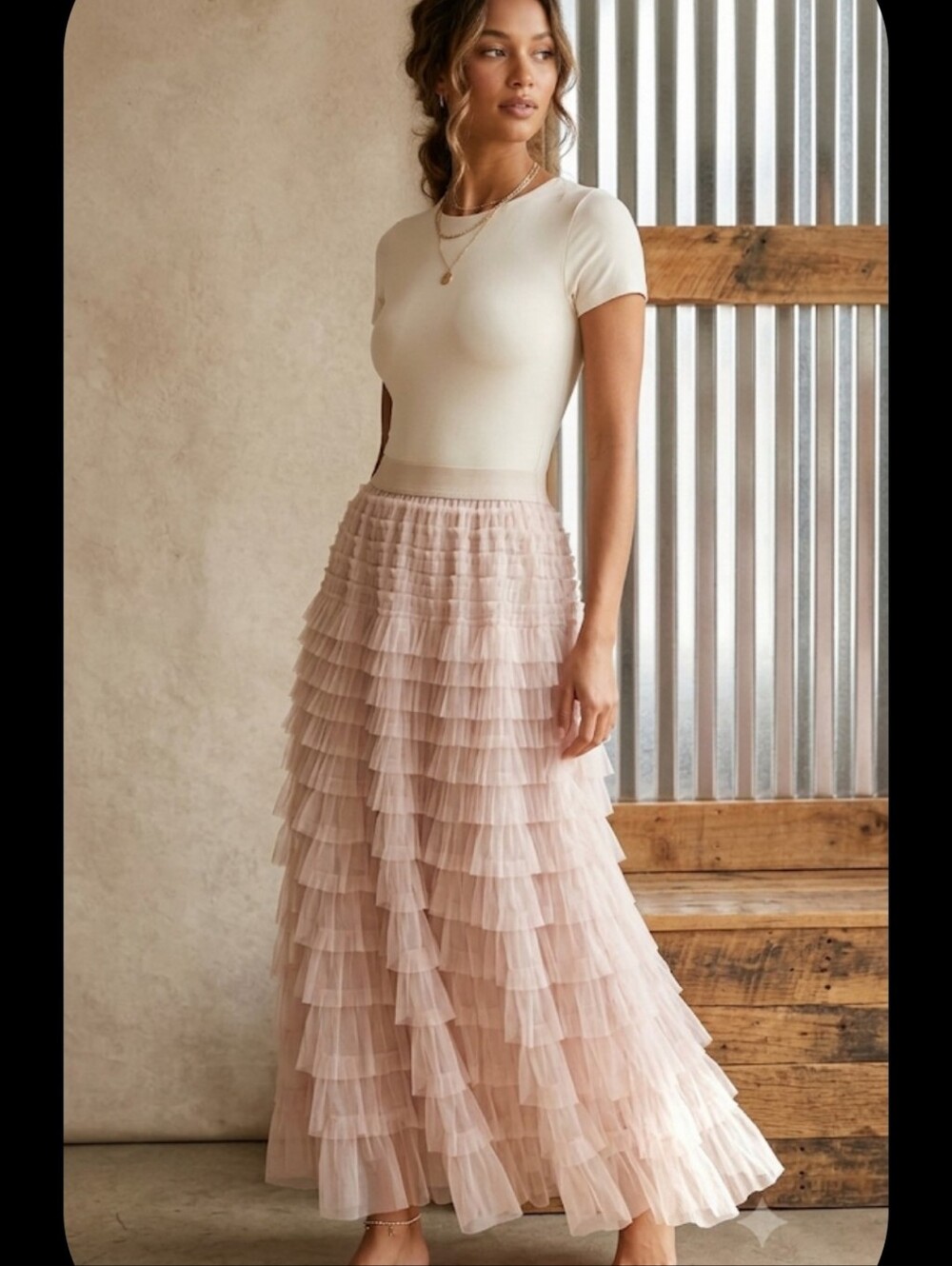 Pink Blush Tiered Tulle Maxi Skirt XL Ruffles